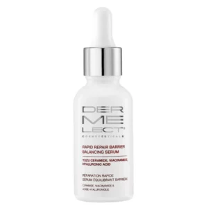 Na obrazku znajduje się Butelka z kroplomierzem z napisem "DERMELECT RAPID REPAIR BARRIER BALANCING SERUM" na białym tle. Opakowanie jest białe z czarnym i srebrnym akcentem, zawiera również napisy informujące o składnikach: ceramid z yuzu, niacynamid, kwas hialuronowy.