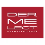 Logo firmy Dermelect Cosmeceuticals. W centralnej części znajduje się duży, biały napis "DERMELECT" z umieszczonym pionowo słowem "ME" w środku. Logo ma prostokątny kształt z zaokrąglonymi rogami i jest umieszczone na czerwonym tle. Pod głównym napisem, mniejszymi literami, znajduje się słowo "COSMECEUTICALS"