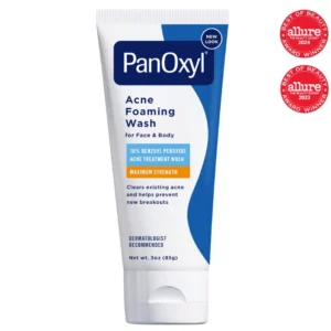 Butelka produktu PanOxyl Acne Foaming Wash, maksymalnej mocy, 10% nadtlenek benzoilu, do twarzy i ciała, rekomendowana przez dermatologów.