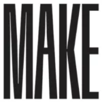 Na obrazku znajduje się logo z napisem "MAKE" wykonane czarnymi literami o grubym, prostym kroju na białym tle.
