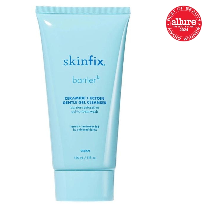 Skinfix barrier ceramide gel Niebieska tubka produktu Skinfix Barrier+ Ceramide + Ectoin Gentle Gel Cleanser o pojemności 150 ml z czerwonym logo „Allure Best of Beauty Award Winner 2024” w prawym górnym rogu, co wskazuje na nagrodę przyznaną za jakość i skuteczność produktu.