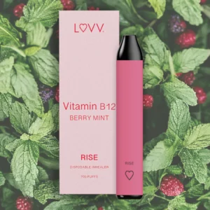 LUVV Vitamin B12 Berry Mint – różowy inhalator witaminowy z miętowo-owocowym smakiem, na tle liści mięty i jagód.