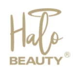 Na obrazku znajduje się logo marki Halo Beauty. Napis "Halo" jest zapisany elegancką, stylizowaną czcionką w złotym kolorze, nad literą "H" znajduje się rysunek aureoli. Pod napisem "Halo" znajduje się napis "BEAUTY" zapisany prostą, pogrubioną czcionką również w złotym kolorze.