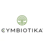 Logo Cymbiotika przedstawia zielony, okrągły symbol składający się z łuków i linii nawiązujących do naturalnych motywów, z czarnym napisem "CYMBIOTIKA" poniżej.