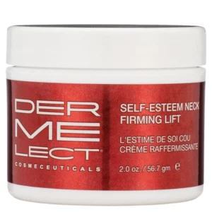 Na zdjęciu znajduje się zbliżenie słoika kremu Dermelect Self-Esteem Neck Firming Lift. Słoik ma czerwony kolor z białymi napisami, informującymi o nazwie produktu, marce i pojemności.
