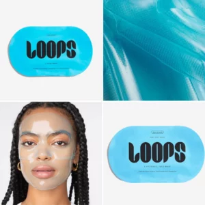 Niebieskie opakowanie pojedynczej maski hydrożelowej Loops. Zbliżenie na fakturę maski oraz modelka w masce, której skóra wygląda na idealnie nawilżoną. Produkt przeznaczony do wygładzania i wyrównania kolorytu skóry.