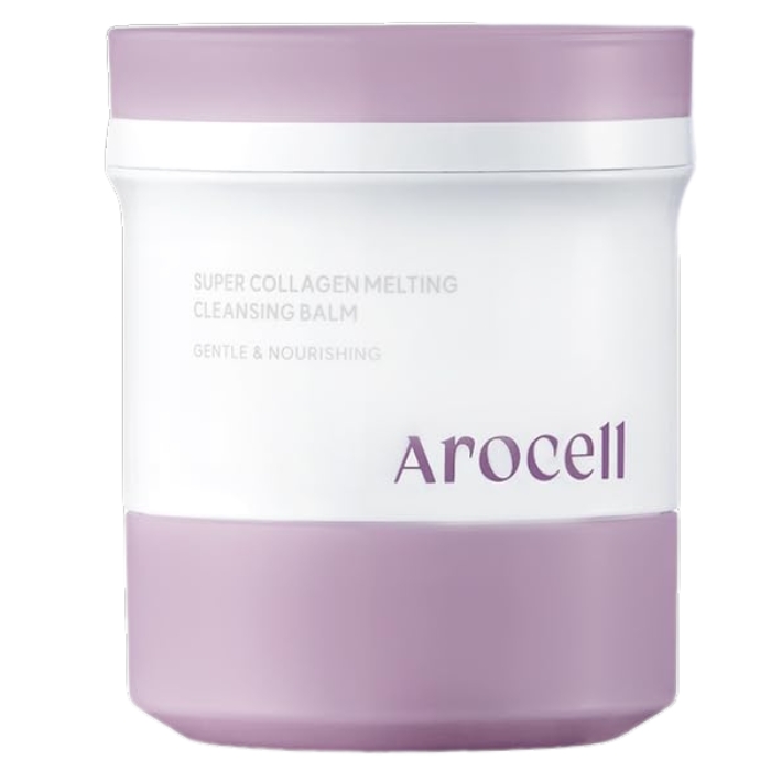 Arocell Super Collagen Melting Cleansing Balm Zdjęcie przedstawia opakowanie produktu Arocell Super Collagen Melting Cleansing Balm. Jest to fioletowo-białe, eleganckie opakowanie o minimalistycznym designie. Na froncie widnieje nazwa produktu, opisująca go jako delikatny i odżywczy balsam oczyszczający. Produkt ma subtelny, luksusowy wygląd, który przyciąga uwagę.
