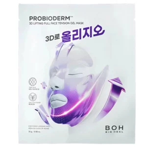 Zdjęcie przedstawia opakowanie maski liftingującej "Probioderm 3D Lifting Full Face Tension Gel Mask" od marki BOH. Opakowanie ma futurystyczny wygląd, z grafiką przedstawiającą twarz pokrytą maską z efektami 3D i strzałkami sugerującymi liftingujące działanie produktu.