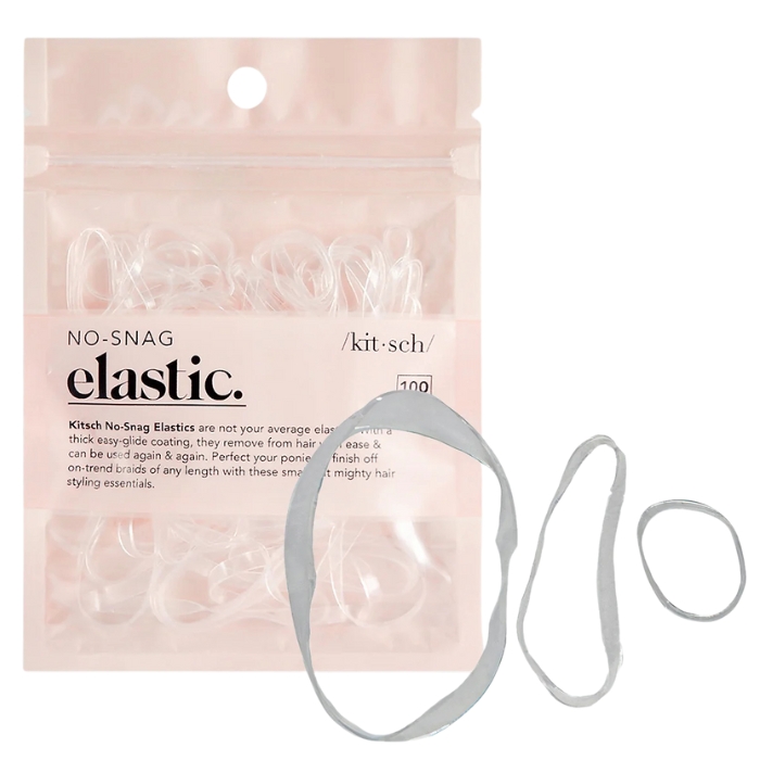 Kitsch no snag elastic Przezroczyste gumki do włosów "Kitsch No-Snag Elastic" w opakowaniu. W zestawie znajduje się 100 sztuk, a opakowanie wykonane jest w jasnoróżowym odcieniu z minimalistycznym logo marki.