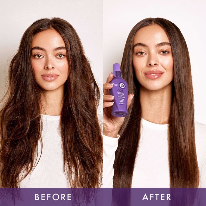 Bioheal Boh Hyacell Hydra Cream Zdjęcie podzielone na dwie części. Po lewej stronie modelka z naturalnie puszącymi się, lekko falującymi włosami przed użyciem produktu. Po prawej stronie efekt po zastosowaniu odżywki It’s a 10 Silk Express Miracle Silk Leave-In – włosy są wyraźnie gładsze, proste i błyszczące. Modelka trzyma fioletową butelkę produktu w ręku. Na dole grafiki znajduje się napis „BEFORE” po lewej i „AFTER” po prawej, podkreślający efekt transformacji włosów.