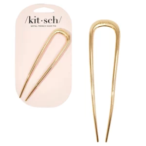 Zestawienie dwóch ujęć wsuwki Kitsch French Hair Pin – jedno na opakowaniu, drugie jako pojedynczy element. Oba ukazują jej metaliczne złote wykończenie i klasyczny kształt litery „U”.
