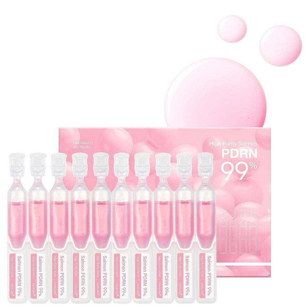 Medicube PDNR Pink One Day Serum (2) Zestaw Medicube Pink One-Day Serum z 99% łososiowym PDRN, zawierający dziesięć jednorazowych ampułek z różowym serum i opakowanie zbiorcze.