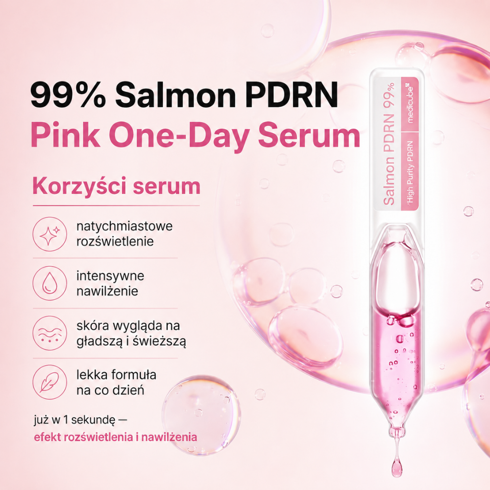 Medicube PDNR Pink One Day Serum (3) Ampułka Medicube Pink One-Day Serum z 99% łososiowym PDRN na różowym tle, z informacją o natychmiastowym efekcie rozświetlenia i nawilżenia.