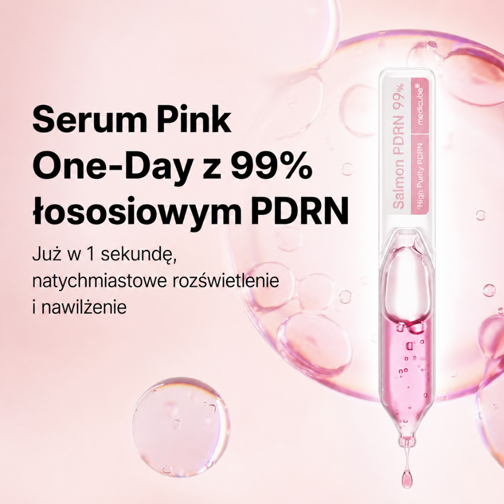 Medicube PDNR Pink One Day Serum Ampułka Medicube Pink One-Day Serum z 99% łososiowym PDRN na różowym tle, z informacją o natychmiastowym efekcie rozświetlenia i nawilżenia.