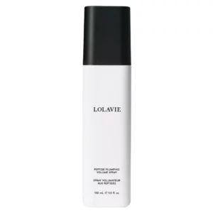 Większa butelka Lolavie Peptide Plumping Volume Spray o pojemności 150 ml, z eleganckim prostym designem w bieli i czerni.