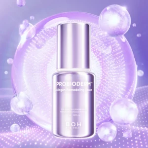 Fioletowa butelka serum Bioheal BOH Probioderm Collagen Remodeling Serum przedstawiona na tle futurystycznej, świetlistej grafiki z połyskującymi bańkami i efektami świetlnymi w odcieniach fioletu i różu, podkreślającej działanie odmładzające i wygładzające produktu.