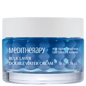 Opakowanie kremu Meditherapy Blue Layer Double Water Cream z widocznymi kapsułkami w przezroczystym słoiczku.