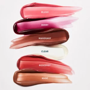 Zestawienie swatchy Prequel Lip Visor Sunscreen SPF 30 w odcieniach Blush, Berry, Mahogany, Clear, Rosedust i Nude.