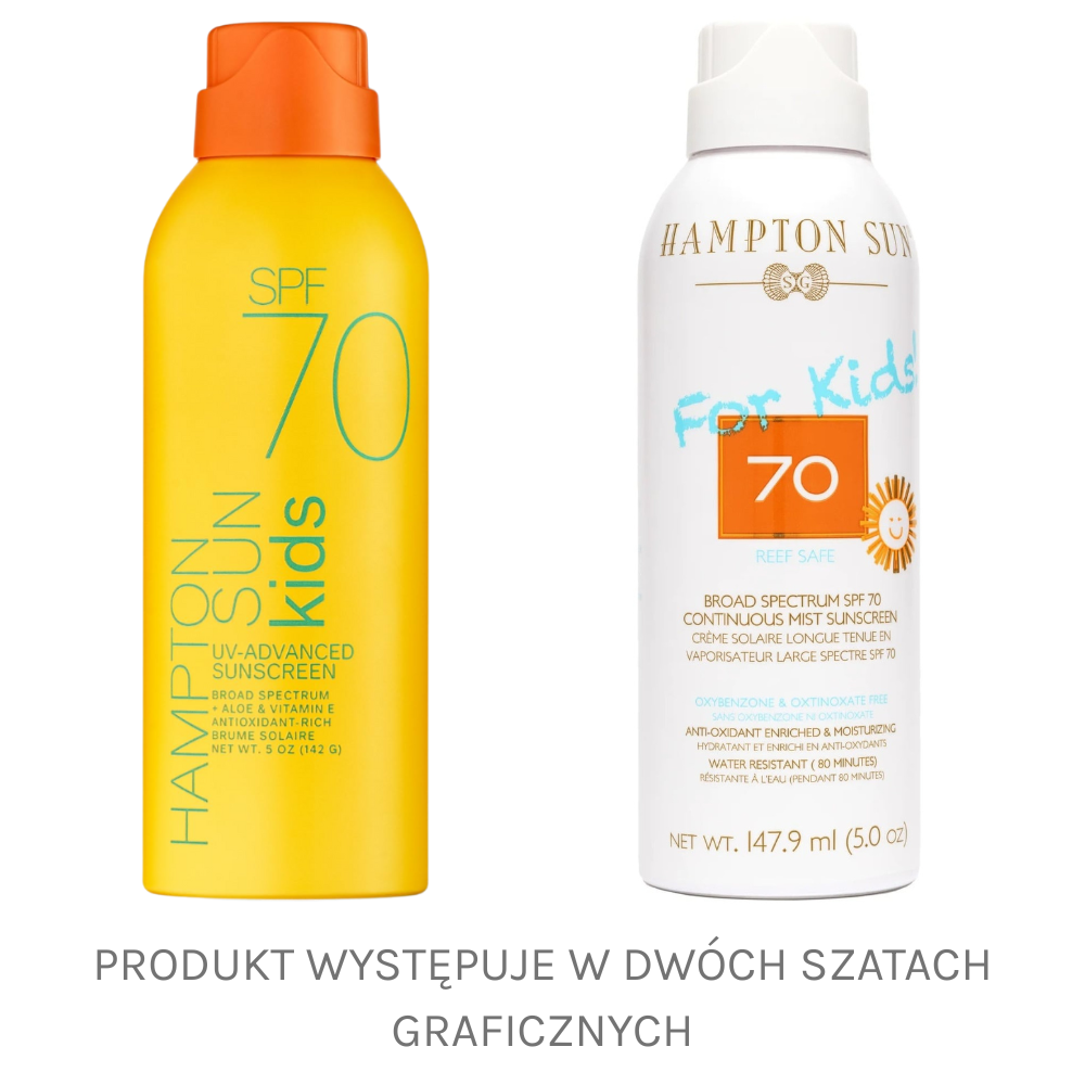 Hampton Sun SPF 70 Kids Dwie wersje opakowania mgiełki przeciwsłonecznej Hampton Sun Kids SPF 70 – po lewej żółta butelka z pomarańczowym korkiem i turkusowym napisem, po prawej biała wersja z napisem „For Kids”; podpis: „Produkt występuje w dwóch szatach graficznych”.