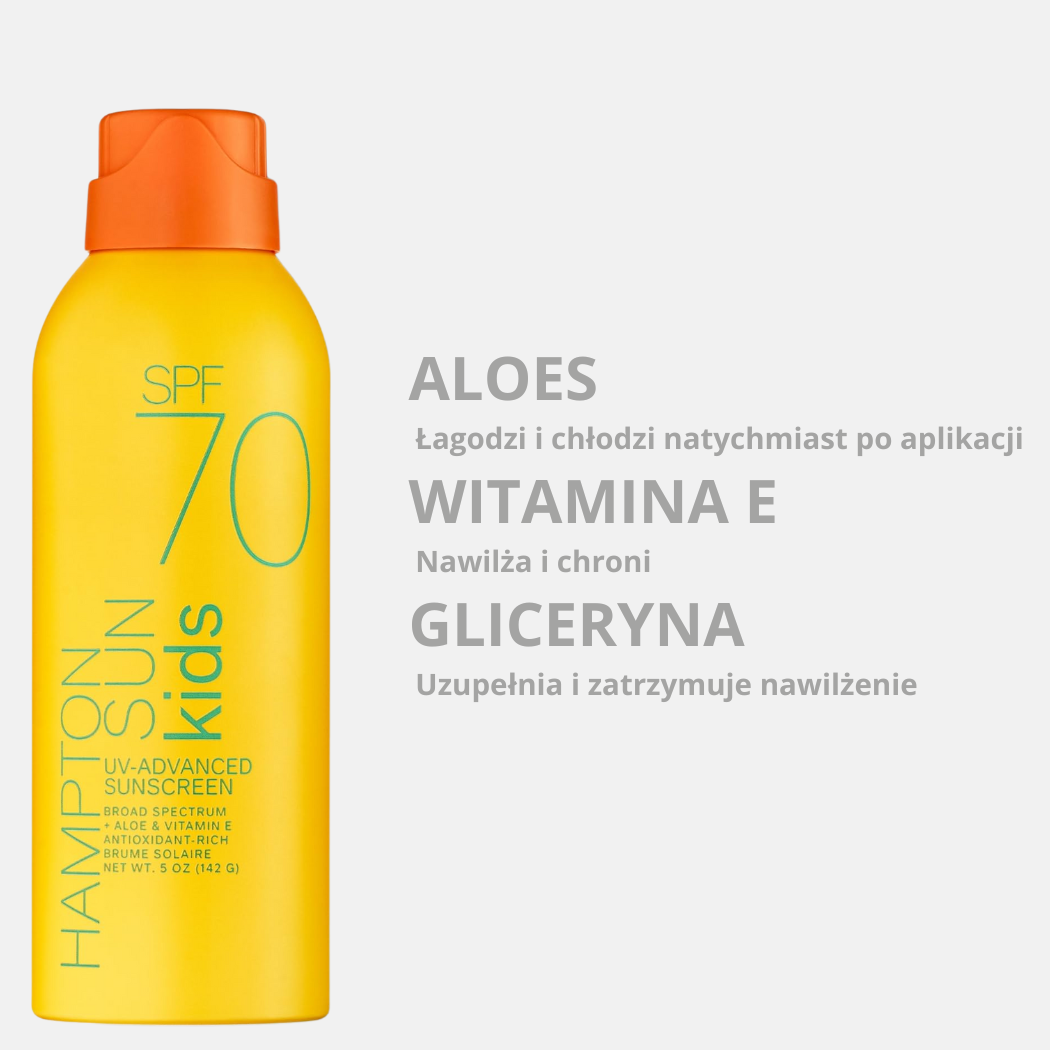 Hampton Sun SPF 70 Kids (2) Żółto-pomarańczowa butelka sprayu przeciwsłonecznego Hampton Sun SPF 70 Kids z tekstem po prawej stronie: "ALOES – Łagodzi i chłodzi natychmiast po aplikacji; WITAMINA E – Nawilża i chroni; GLICERYNA – Uzupełnia i zatrzymuje nawilżenie".