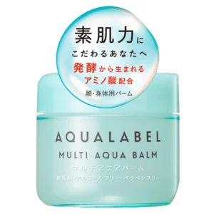 Minimalistyczne, turkusowe opakowanie Shiseido Aqualabel Multi Aqua Balm a na nim okrągła etykieta z japońskimi napisami.