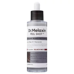 butelka Dr.Melaxin Peel Shot Exfoliant Black Rice Ampoule z czytelną etykietą podkreślającą główny składnik: Black Rice (czarny ryż).