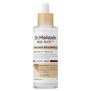Produkt Dr. Melaxin Peel Shot Exfoliant White Rice Ampoule w przezroczystej butelce z pipetą na białym tle.