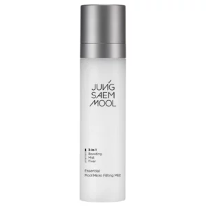 Butelka mgiełki Jung Saem Mool Essential Mool Micro Fitting Mist z szarą zakrętką i minimalistycznym designem na białym tle.