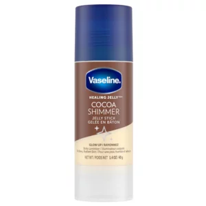 Produkt Vaseline Cocoa Shimmer Jelly Stick w pełnym opakowaniu – brązowo-kremowa tuba z granatowym wieczkiem, 40 g.