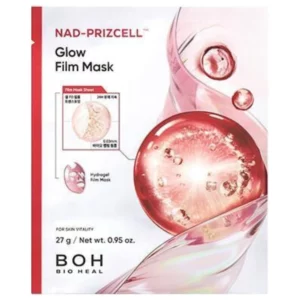 Opakowanie Bioheal Boh NAD-Prizcell Glow Film Mask w odcieniach różu, z ilustracją składników aktywnych i oznaczeniem ultracienkiej folii maski.