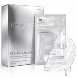 House of B High-Purity Glutathione Face Film - dwuetapowa maska kolagenowa na noc z ampułką i transparentną maską hydrożelową, przedstawiona obok srebrnego opakowania produktu.