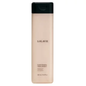 Pojedyncza butelka szamponu LolaVie Peptide Plumping Volume Shampoo 250 ml na beżowym tle.
