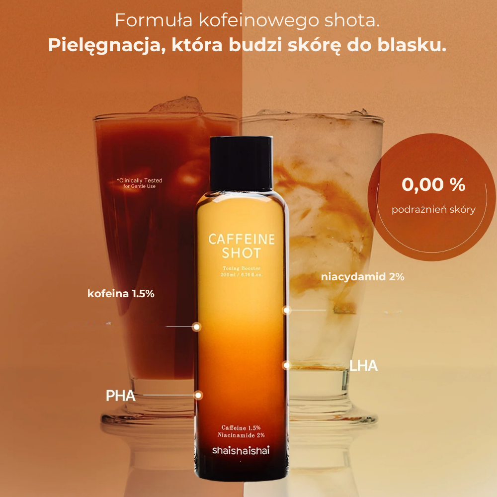 Shaishaishai - Caffeine Shot Toner Opakowanie produktu na brązowym tle.