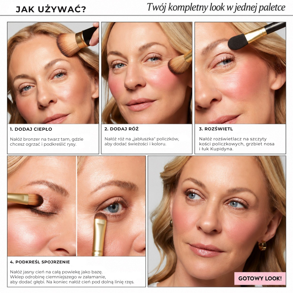 LAURA GELLER Best of the Best Baked Palette (2) Laura Geller The Best of the Best Baked Face Palette - instrukcja makijażu krok po kroku z użyciem bronzera, różu, rozświetlacza i cieni do powiek. Modelka prezentuje aplikację kosmetyków pędzlami oraz efekt kompletnego, naturalnego makijażu twarzy.