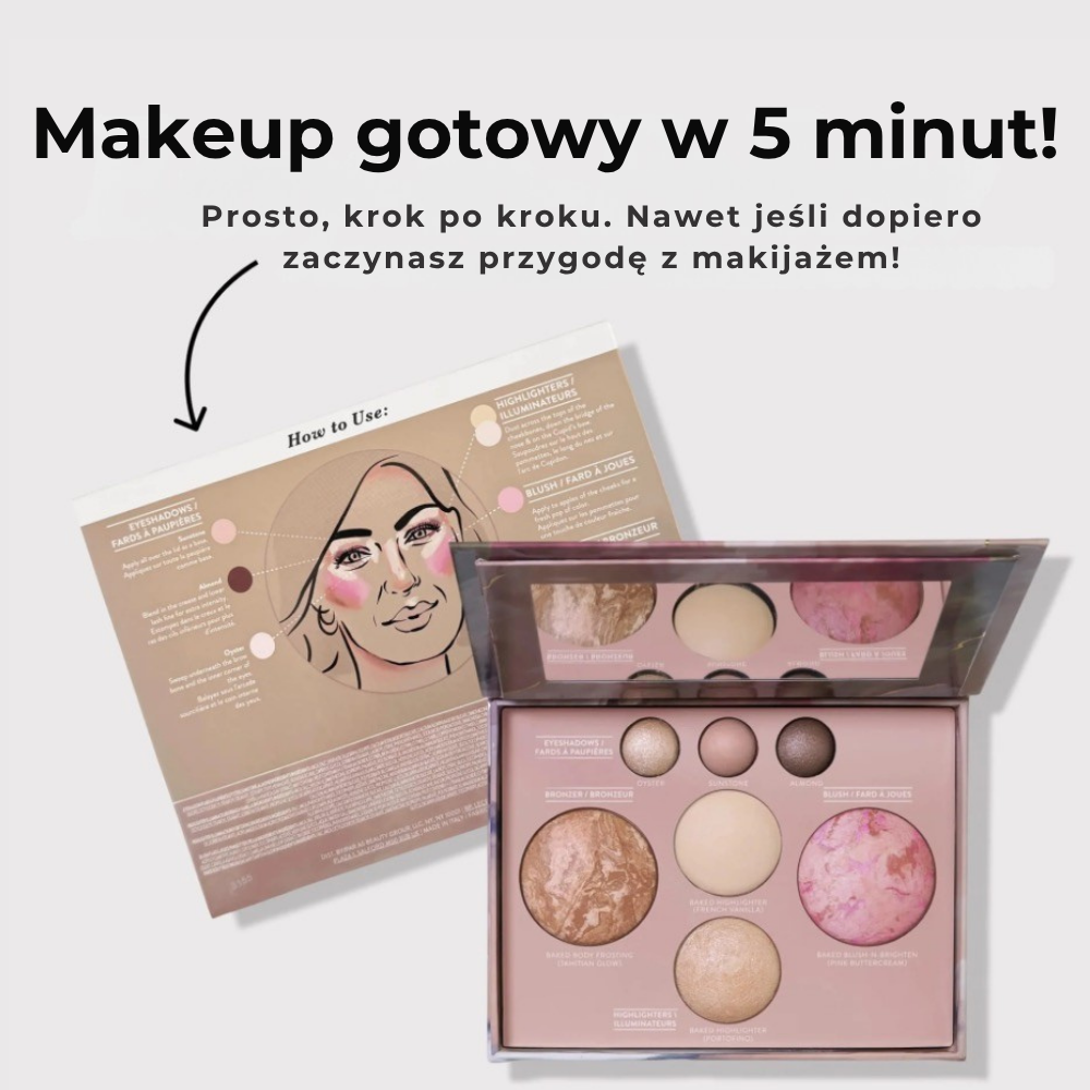 LAURA GELLER Best of the Best Baked Palette Laura Geller The Best of the Best Baked Face Palette - otwarta paletka do makijażu z wypiekanymi cieniami do powiek, bronzerem, różem i rozświetlaczami. Obok widoczna ilustrowana instrukcja aplikacji krok po kroku oraz napis Makeup gotowy w 5 minut. Kompletny makijaż twarzy w jednej paletce.