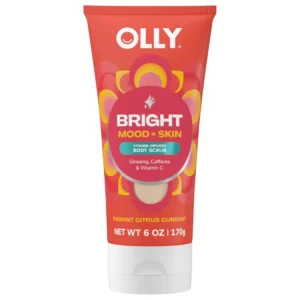 Duża czerwona tubka OLLY Bright Mood + Skin Body Scrub o pojemności 170 g, z nadrukiem „Ginseng, Caffeine & Vitamin C” oraz okienkiem pokazującym teksturę produktu.