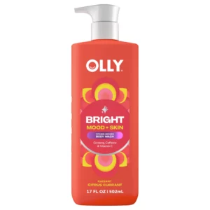 Zdjęcie dużej butelki OLLY Bright Mood + Skin Body Wash 502 ml w czerwonym opakowaniu z białą pompką i kolorową grafiką inspirowaną promienistymi kołami.