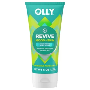 Tuba Olly Revive Mood + Skin Body Scrub w wersji 6 oz ustawiona pionowo na białym tle, z zielono-żółtym wzorem i napisem „Refreshing Neroli Dew”.