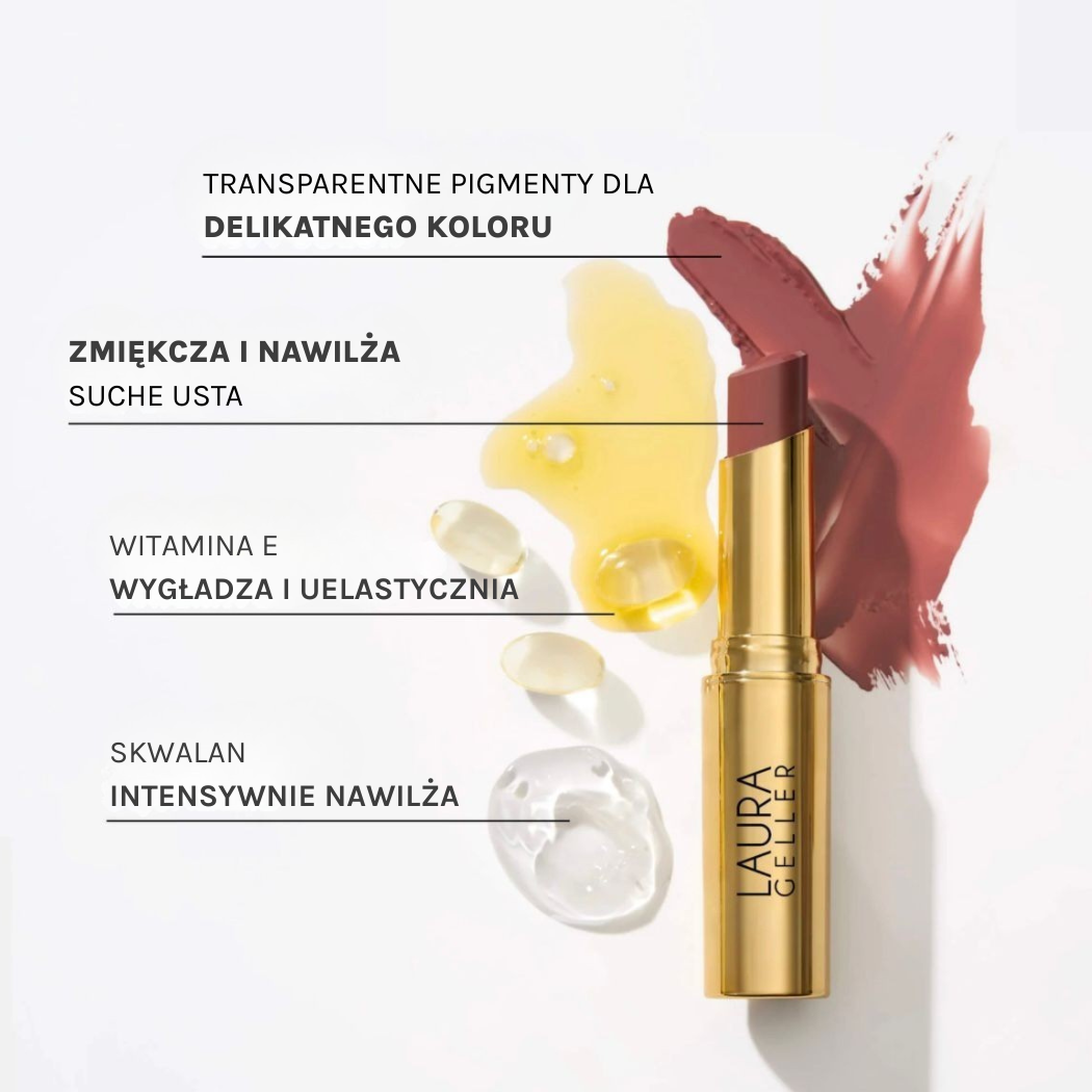Laura Geller Jelly Balm Hydrating Lip Color Balsam do ust w złotym opakowaniu pokazany obok plam półprzezroczystej substancji i kapsułek z olejem. Na grafice znajdują się napisy informujące o nawilżeniu, zmiękczaniu ust, obecności witaminy E i skwalanu.