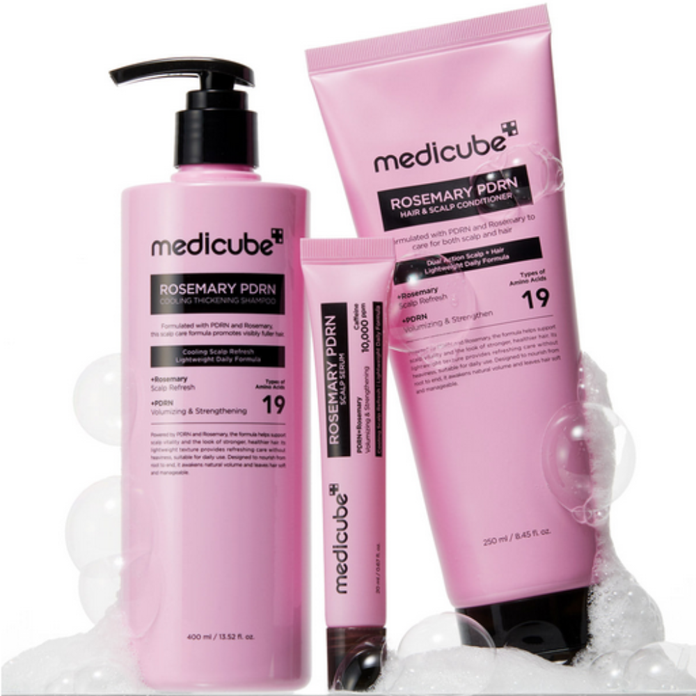 Medicube Rosemary PDRN Cooling Thickening Shampoo Linia Medicube Rosemary PDRN – szampon, odżywka i serum do skóry głowy, kompleksowa pielęgnacja przeciw wypadaniu włosów