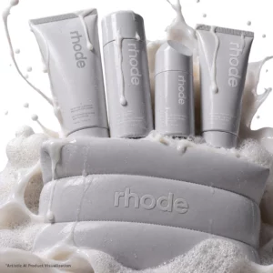 Kosmetyczka Rhode z kultowymi produktami skincare – Glazing Cleanser, Glazing Milk, Peptide Lip Treatment i Barrier Restore Cream, viralowe kosmetyki clean girl aesthetic i glass skin.