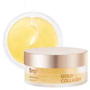 Zdjęcie opakowania SNP Gold Collagen Perfection Eye Patch z zamkniętym słoiczkiem na pierwszym planie i otwartym opakowaniem z widocznymi złotymi płatkami w tle.
