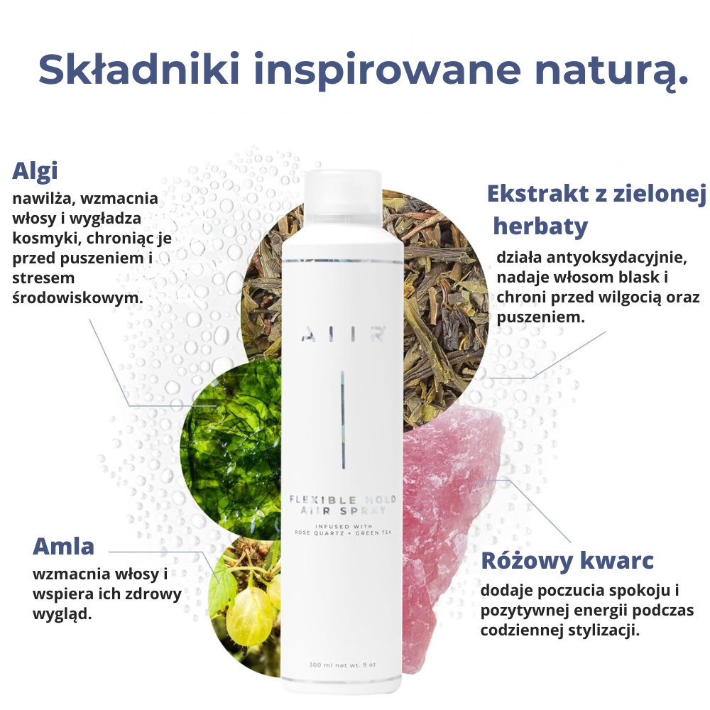 Aiir Flexible Hold Aiir Spray Grafika składników inspirowanych naturą w Aiir Flexible Hold Aiir Spray: algi, amla, zielona herbata i różowy kwarc.
