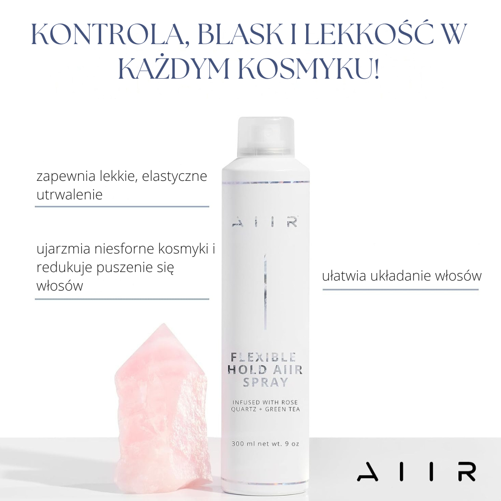 Aiir Flexible Hold Aiir Spray Grafika informacyjna przedstawiająca działanie Aiir Flexible Hold Aiir Spray – kontrola, blask i lekkość.