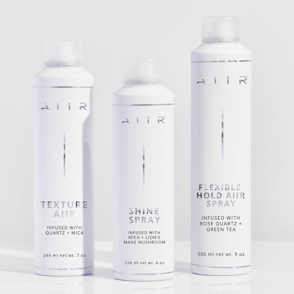 Aiir Flexible Hold Aiir Spray Linia produktów Aiir do stylizacji włosów: Texture Aiir, Shine Spray i Flexible Hold Aiir Spray.