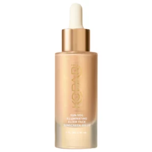Kopari Sun Veil Illuminating Elixir Face SPF 38 – złota butelka 30 ml, rozświetlający filtr UV do codziennego stosowania