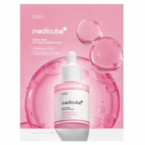 Medicube PDRN Pink Peptide Serum Mask – różowa maska w płachcie z PDRN i kompleksem peptydów, wizualizacja serum w bąblu, koreańska maska na jędrność i blask skóry.
