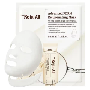 Dr. Reju-All Advanced PDRN Rejuvenating Mask – opakowanie 36 ml z maską w płachcie i wizualizacją składników aktywnych.