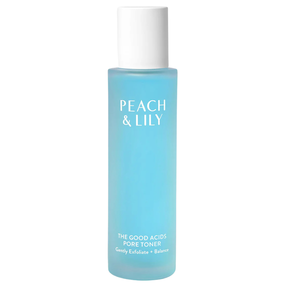 Peach Lily The Good Acids Pore Toner Samodzielnie przedstawiony tonik Peach & Lily The Good Acids Pore Toner w półprzezroczystej, błękitnej butelce z białym korkiem – minimalistyczna prezentacja produktu.