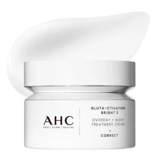 AHC Gluta-Ctivation Bright 3 krem do twarzy na dzień i noc w słoiczku z lekką, kremową konsystencją na jasnym tle.